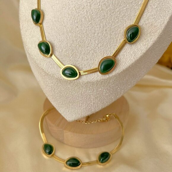18K Gold Plated green Emerald Necklace SET Stainless Steel womens jewelry green - Picture 3 of 13